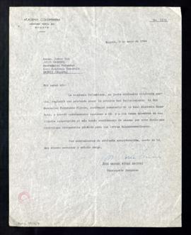 Carta de José Manuel Rivas Sacconi a Julio Casares para trasladar a la Academia el pésame de la A...