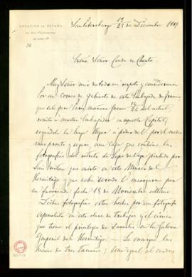 Carta del marqués de Campo Sagrado al conde de Cheste en la que le anuncia que ha enviado al emba...