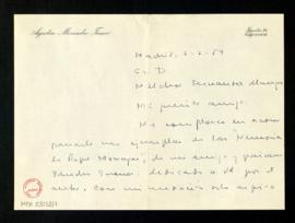 Carta de Agustín Miranda Franco a Melchor Fernández Almagro con la que le remite un ejemplar de l...