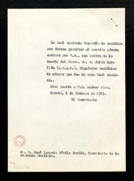 Copia sin firma del oficio del secretario a José Ignacio Dávila Garibi, secretario de la Academia...