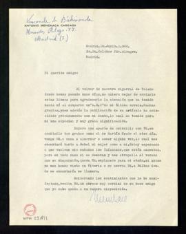 Carta de Antonio Menchaca Careaga a Melchor Fernández Almagro en la que le agradece haberse ocupa...