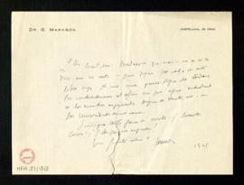 Carta de Gregorio Marañón a Melchor Fernández Almagro en la que le felicita por su libro en el qu...