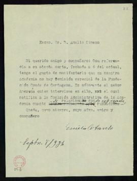 Minuta de la carta de Emilio Cotarelo a Amalio Gimeno en la que le indica que en la Academia no h...