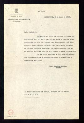 Carta del rector de la Universidad de Concepción, Enrique Molina, al embajador de España, el marq...