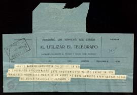 Telegrama de pésame del Ayuntamiento de Archidona al secretario [Julio Casares] por la muerte de ...