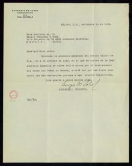 Carta de Enrique M. Sobral, secretario de la Academia Mexicana, a Emilio Cotarelo y Mori en la qu...
