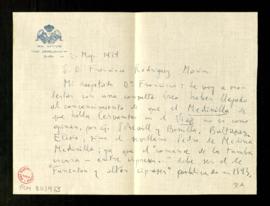 Carta de Gerardo Diego a Francisco Rodríguez Marín con una consulta sobre Pedro de Medina Medinilla