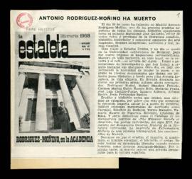 Recorte de La Estafeta Literaria con el artículo necrológico titulado Antonio Rodríguez-Moñino ha...