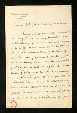 Carta de Manuel Tamayo y Baus a Pedro Antonio de Alarcón con la indicación de que comunique a Rui...
