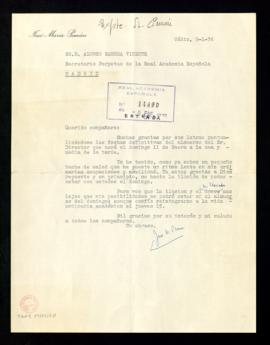 Carta de José María Pemán a Alonso Zamora Vicente, secretario, en la que le informa de que no pod...