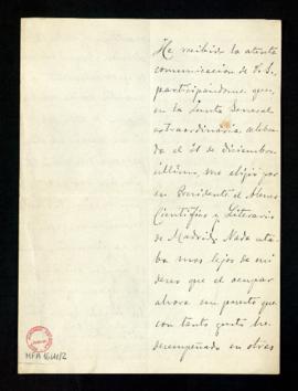 Carta de Antonio Cánovas del Castillo al secretario del Ateneo Científico y Literario de Madrid e...