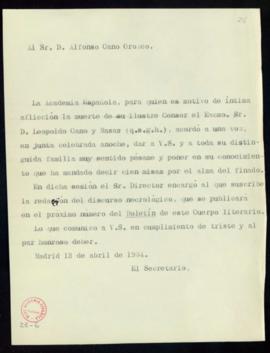 Minuta del oficio de pésame del secretario [Emilio Cotarelo] a Alfonso Cano Orozco por la muerte ...