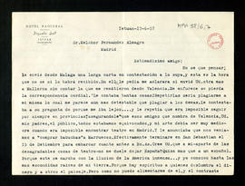 Carta de Pepita Serrador a Melchor Fernández Almagro en la que le dice que se van a Marruecos por...