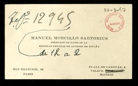 Tarjeta de visita de Manuel Morcillo Sartorius, delegado en París de la Sociedad General de Autores