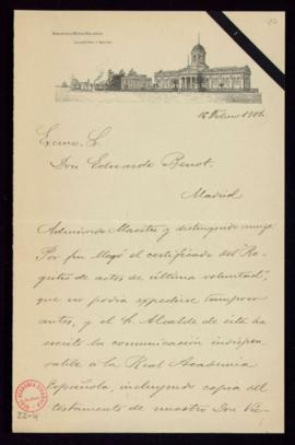Carta de Juan Oliva y Milá, bibliotecario de la Biblioteca-Museo Víctor Balaguer, a Eduardo Benot...