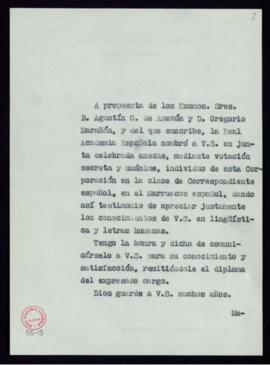 Copia sin firma del oficio del secretario a Arcadio Larrea de traslado de su nombramiento como ac...