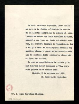 Copia sin firma del oficio del secretario a Luis Martínez Kleiser [Rodríguez] en el que le trasla...