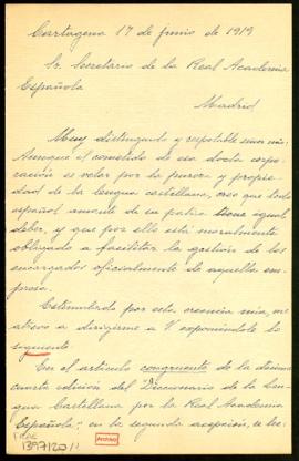 Carta de Andrés Rosique al secretario [Emilio Cotarelo] sobre la modificación de la segunda acepc...