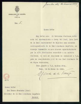 Carta del conde de la Viñaza, embajador de España en Italia, a Ramón Menéndez Pidal en la que tra...