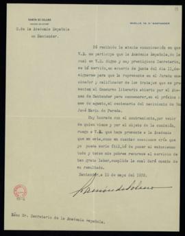 Carta de Ramón de Solano y Polanco al secretario en la que acusa recibo del acuerdo de la junta d...