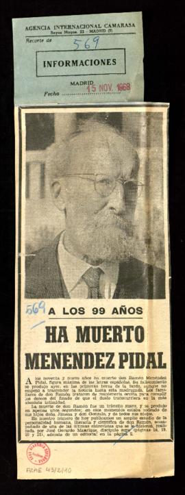 Recorte del diario Informaciones con la noticia A los 99 años ha muerto don Ramón Menéndez Pidal