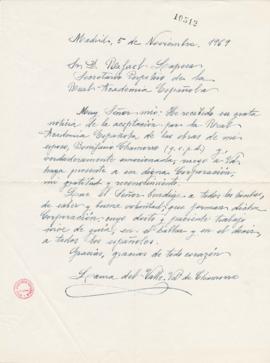 Carta de Laura del Valle a Rafael Lapesa en la que agradece la aceptación de la donación de las o...