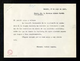 Copia sin rúbrica de la carta de Rafael Lapesa a Narciso Alonso Cortés en la que le contesta que ...