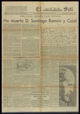 Recorte de El Sol con la noticia Una gran pérdida para España. Ha muerto D. Santiago Ramón y Cajal