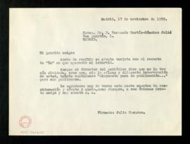 Copia de la carta de Julio Casares a Fernando Martín-Sánchez Juliá en la que agradece su interven...