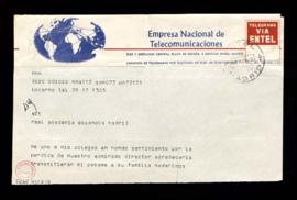 Telegrama de Madariaga a la Real Academia Española con el que se une al sentimiento de sus colega...