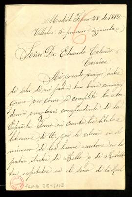 Carta de Evaristo Fombona a Eduardo Calcaño en la que le pregunta si aceptaría el nombramiento de...