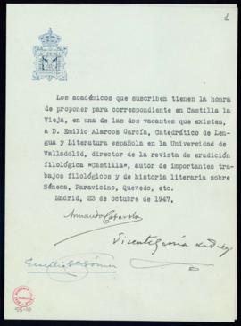 Propuesta de Emilio Alarcos García como académico correspondiente español en Castilla la Vieja