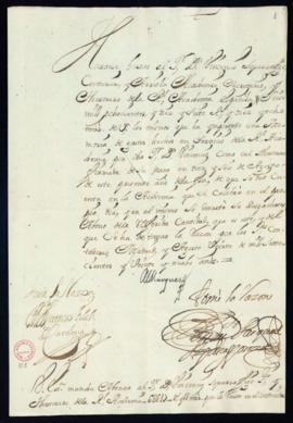 Orden del marqués de Villena del abono a Vincencio Squarzafigo de 1817 reales y 8 maravedís de ve...