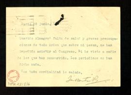 Tarjeta postal de Azorín a Melchor Almagro en la que le dice que no ha podido asistir al Congreso...
