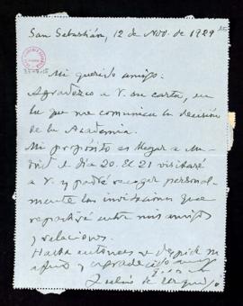 Carta de Julio de Urquijo [a Emilio Cotarelo] en la que le adelanta su plan de llegar a Madrid el...
