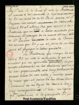 Minuta de la carta de [Manuel de Lardizábal y Uribe] a Vicente [Gutiérrez] de los Ríos en la que ...