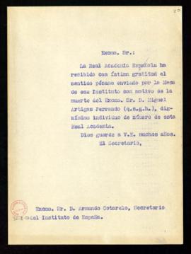 Copia sin firma del oficio del secretario a Armando Cotarelo, secretario del Instituto de España,...