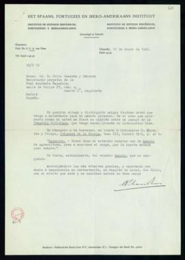 Carta de C. F. Adolf van Dam a Julio Casares en la que le pregunta su opinión sobre un pasaje de ...
