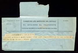 Telegrama de José María Pemán [a Julio Casares] en el que le indica que puede citar a la junta ad...