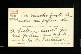 Tarjeta de Josefina L. Díez Lassaletta con la que envía a Melchor Fernández Almagro una página de...