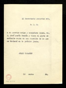 Copia sin firma del besalamano del secretario a José María de Cossío con el que le envía copia de...