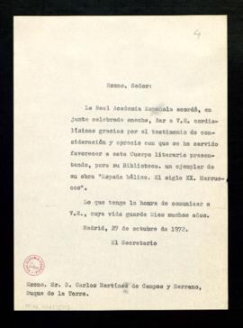 Copia sin firma del oficio del secretario a Carlos Martínez de Campos, duque de la Torre, en el q...
