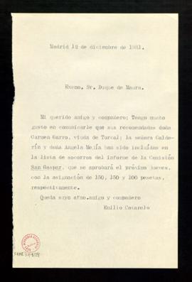 Minuta de la carta de Emilio Cotarelo al duque de Maura para comunicarle que sus recomendadas han...