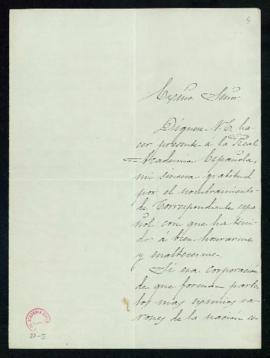 Carta de Daniel de Cortázar al secretario [Manuel Tamayo y Baus] en la que agradece a la Academia...