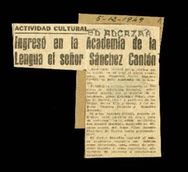 Recorte de El Alcázar con la noticia titulada Ingresó en la Academia de la Lengua el señor Sánche...