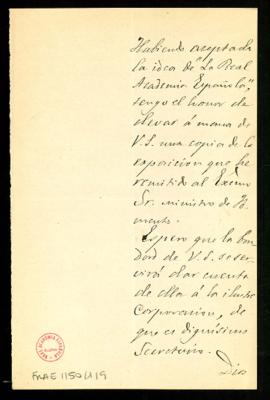 Carta de Roque Barcia a Manuel Tamayo y Baus con la que le remite una copia de la exposición que ...