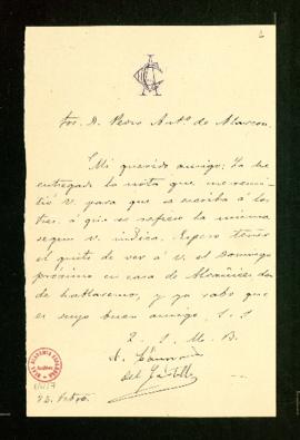 Carta de Antonio Cánovas del Castillo a Pedro Antonio de Alarcón en la que confirma que ha realiz...