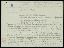 Carta del asesor de Cultura de la Diputación provincial de Tarragona, Manuel de Montoliu, al secr...