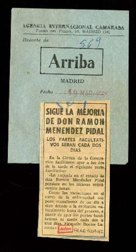 Recorte del diario Arriba con la noticia Sigue la mejoría de don Ramón Menéndez Pidal