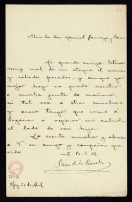 Carta de Juan de la Pezuela al secretario, Manuel Tamayo y Baus, en la que excusa su asistencia a...